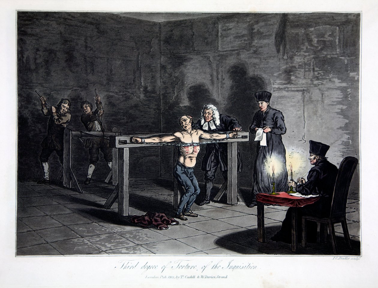 Inkvisitionens tredje grad af tortur, indgraveret af L.C. Stadler, pub. af Cadell & Davies, London, ca. 1813 (farvet gravering) af English School