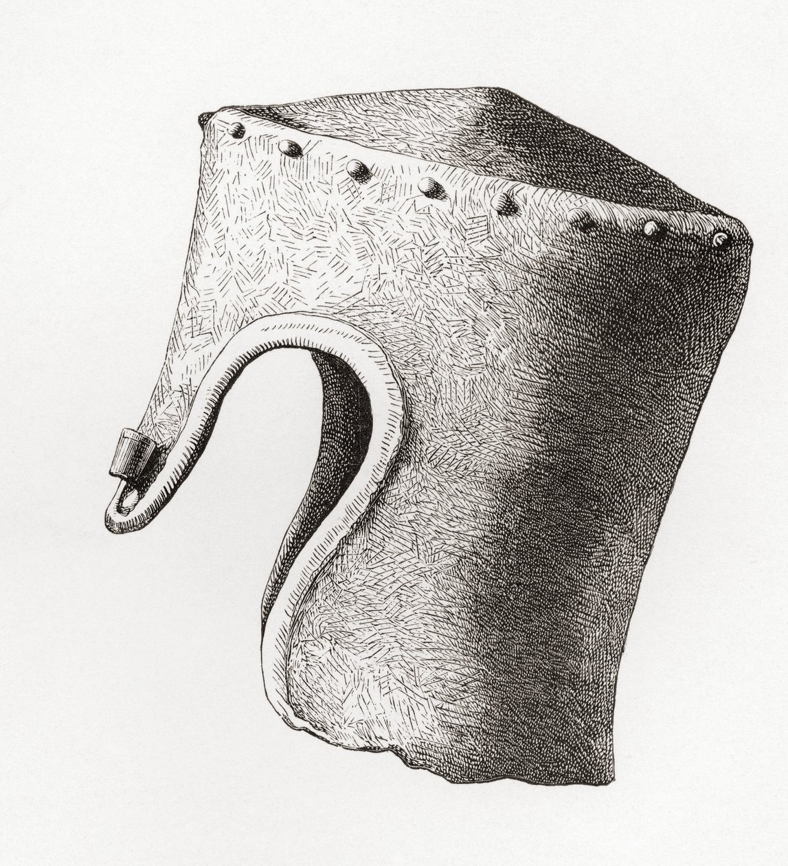 Cylindrical fladtoppet hjelm med nasal, gravet op ved Montgomery Castle i 1841, fra The British Army: Its Origins, Progress and Equipment, udgivet 1868. af English School