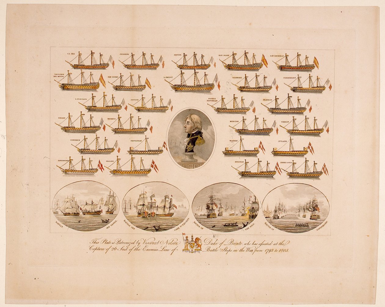 Denne plade er patroniseret af Viscount Nelson Duke of Bronte, som har assisteret ved erobringen af 26 Sejl af Fjendernes Linje af Slagskibe i Krigen fra 1793 til 1805 (farvet indgravering) af English School