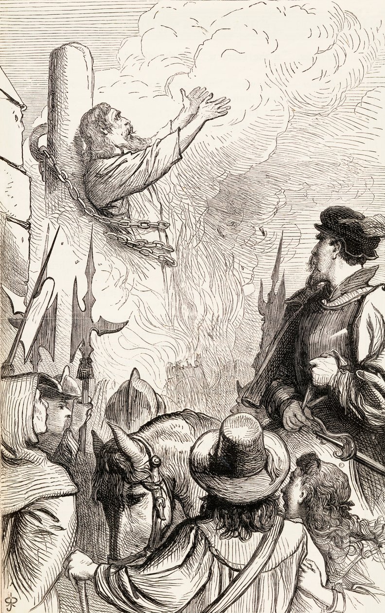 Thomas Hawkes brændte på bålet under Marian-forfølgelserne, ca. 1865 (trægravering) af English School