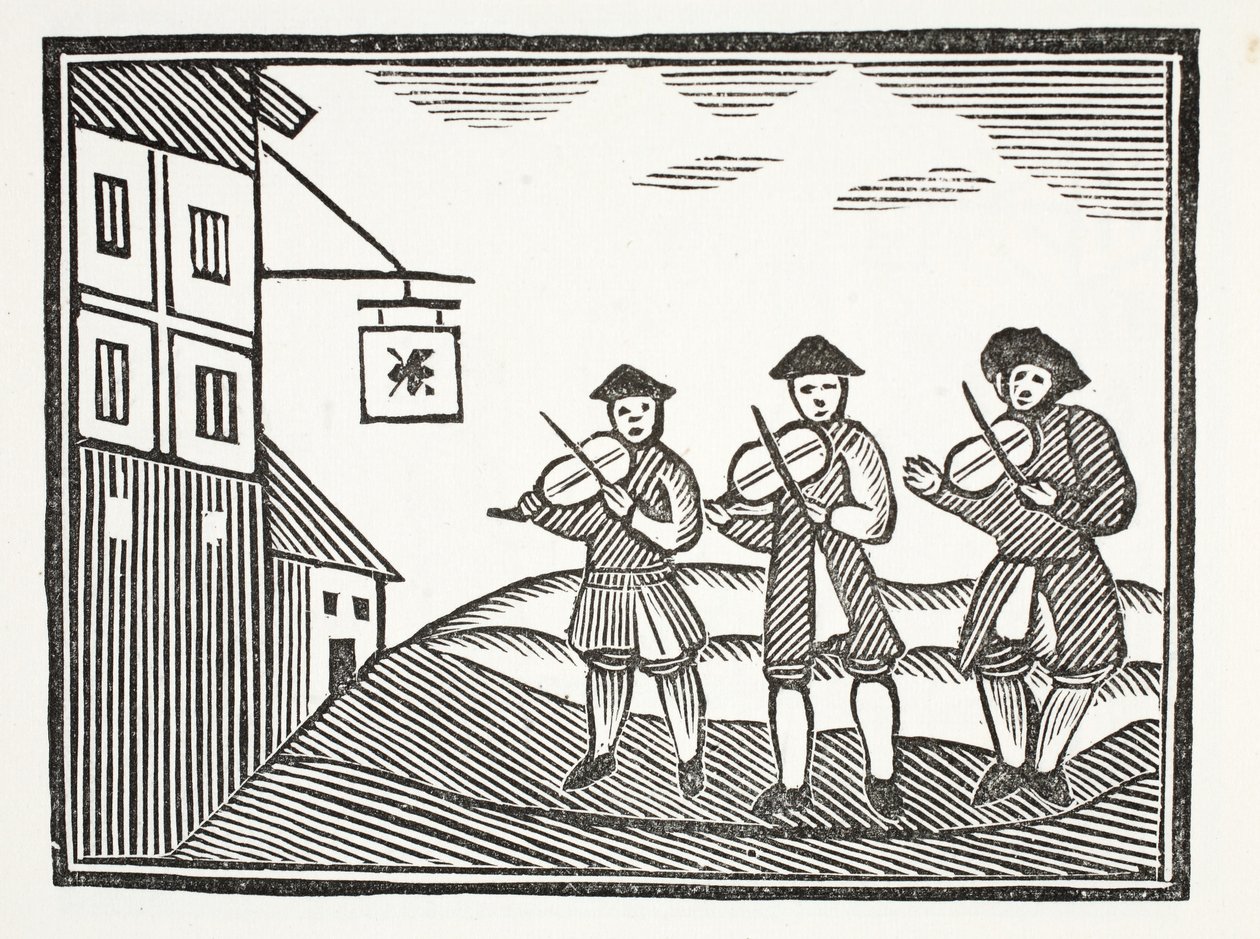 Three Fidlers in Thames Street, som spillede en brudgom om morgenen, som ikke gav dem noget at drikke, illustration fra Chap-books of the Eighteenth Century af John Ashton, pub. 1882 af English School