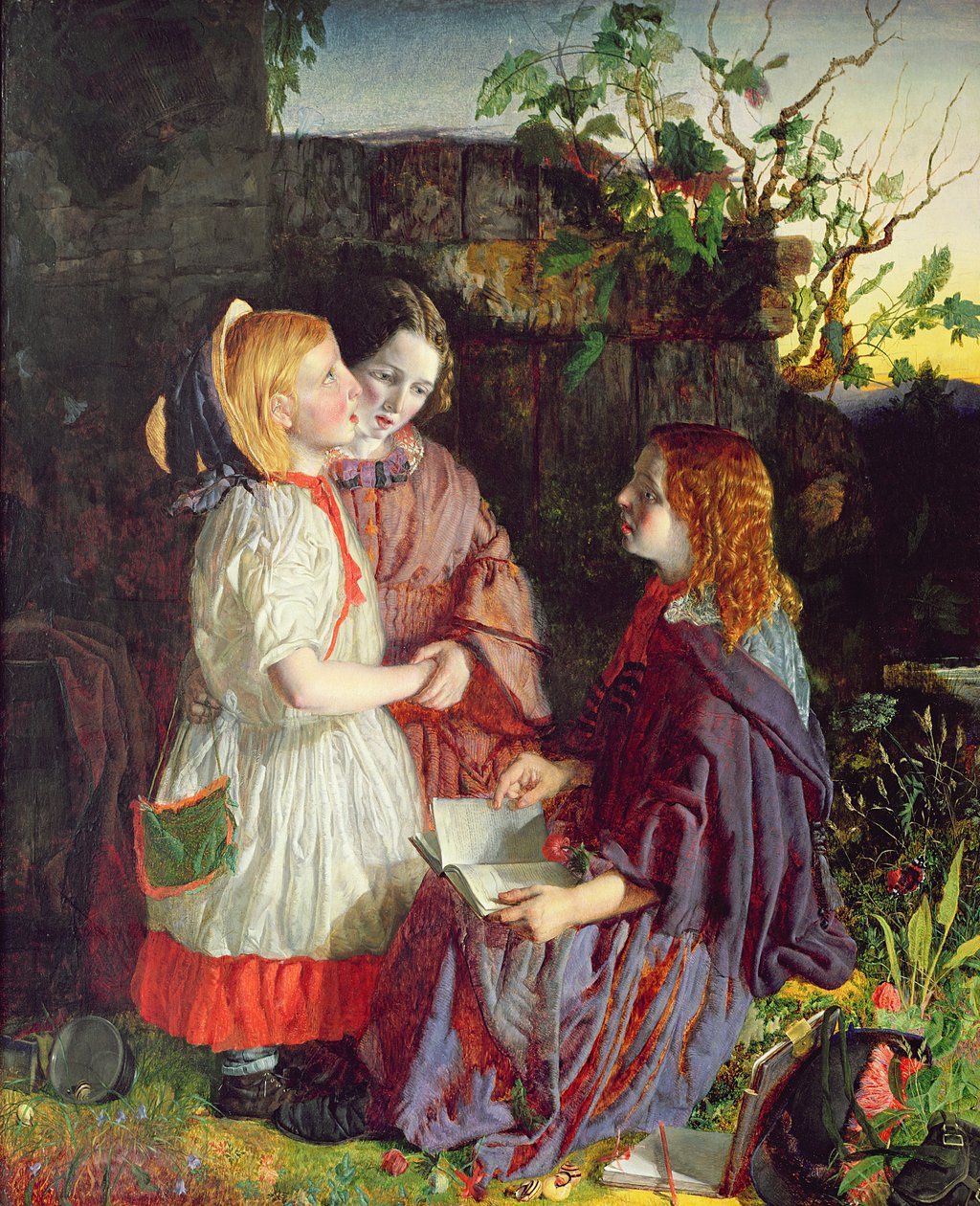 Tre unge piger i et landskab, ca. 1860 af English School