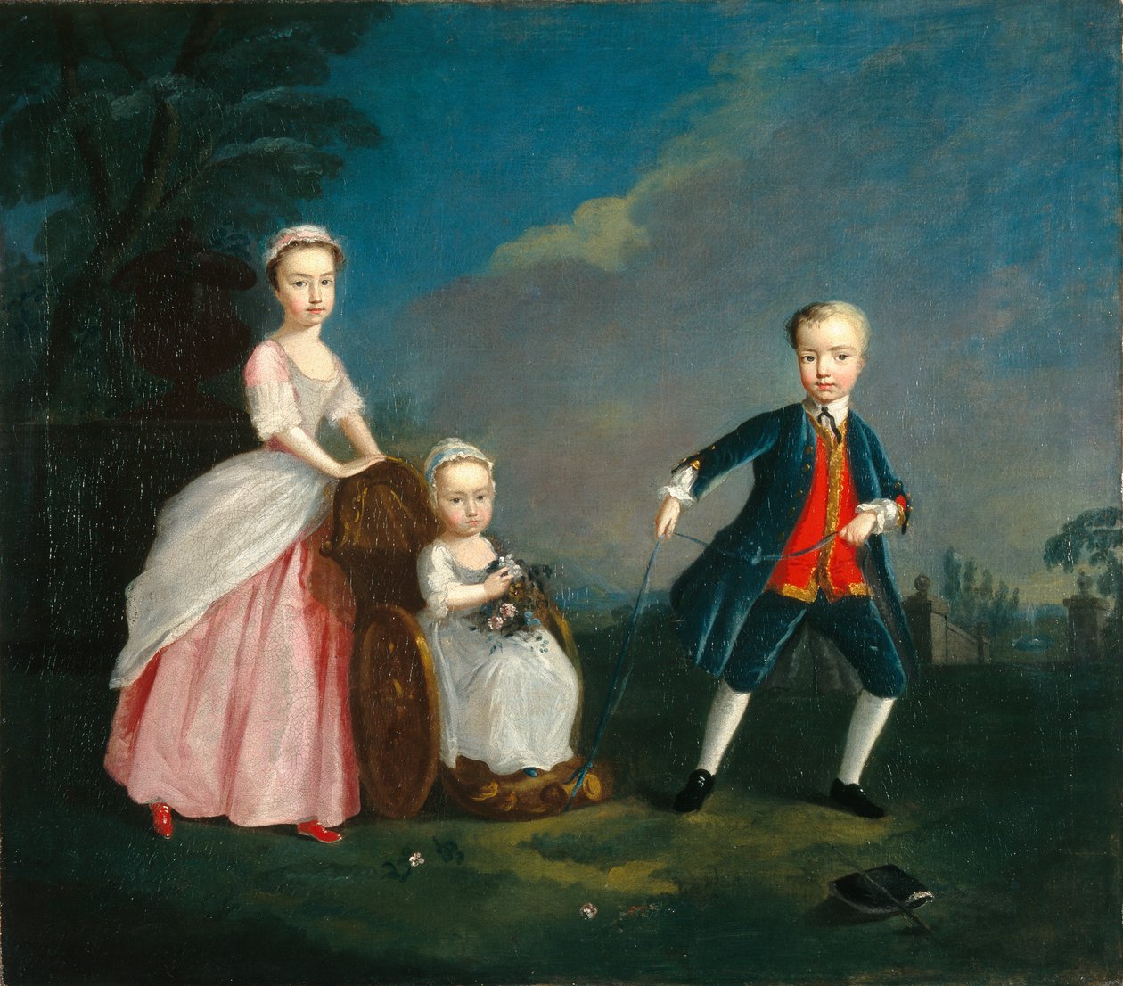 Tre børn i en park, ca. 1750 (olie på lærred) af English School