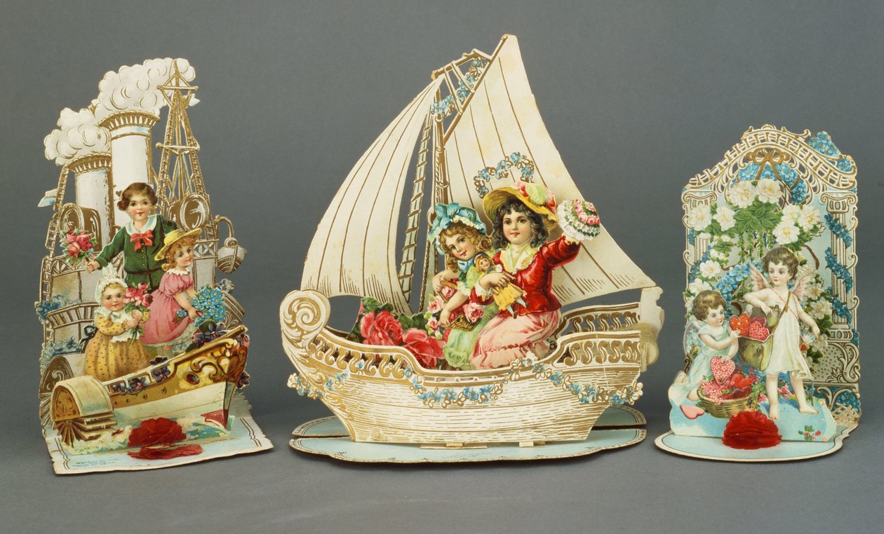 Tre pop-up kromolitografiske Valentinskort, ca. 1880-90 af English School
