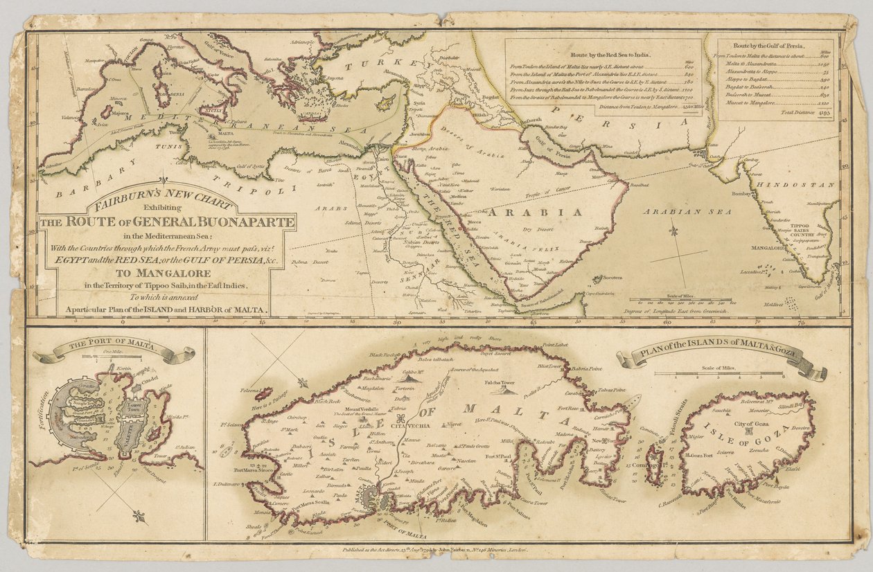 Tre trykte farvede kort: Fairburns nye kort, der viser General Bonapartes rute i Middelhavet, 1798 af English School