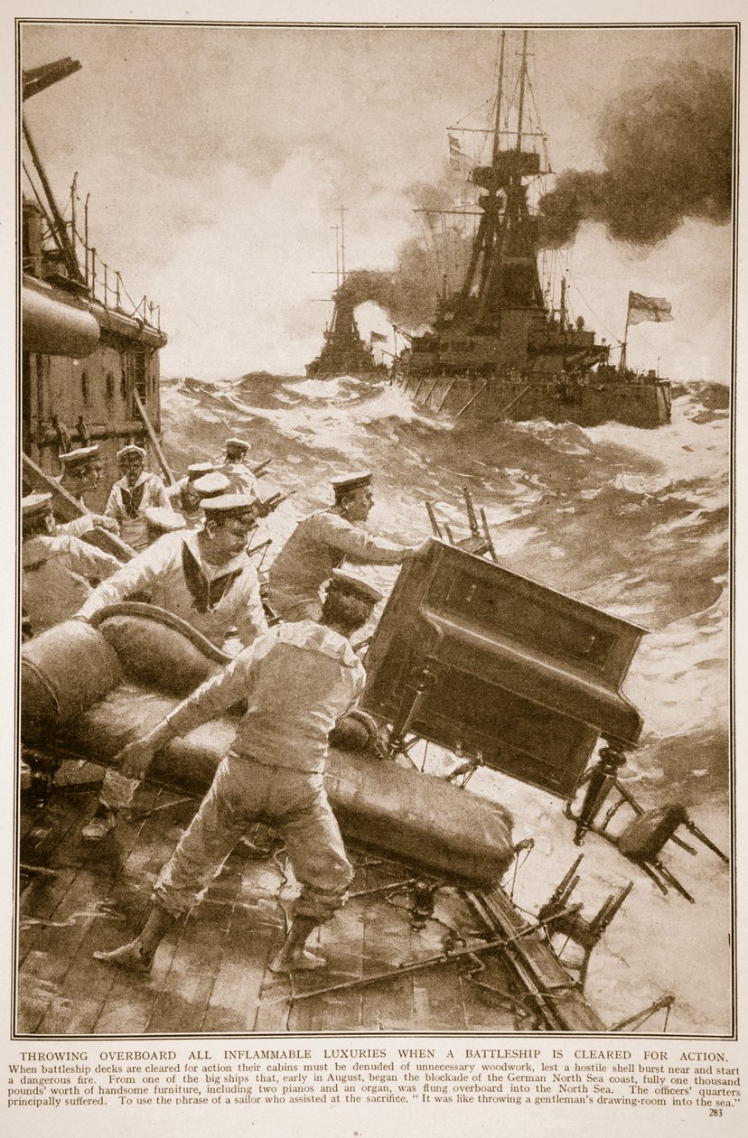 Kaster alle brændbare luksusvarer over bord, når et slagskib er klaret til handling, 1914-19 af English School