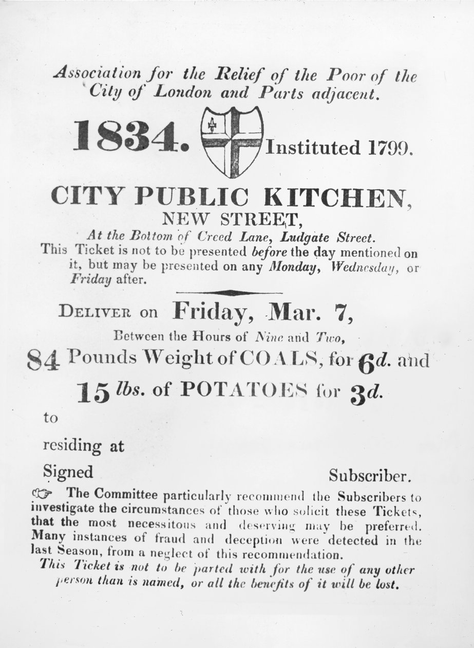 Billet udstedt til de fattige for at modtage kul og kartofler fra City Public Kitchen, New Street, London, 1834 af English School
