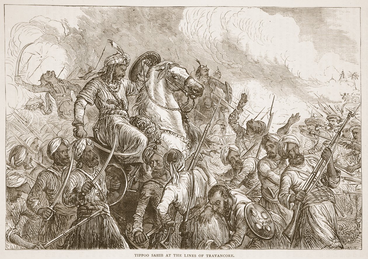 Tippoo Sahib på linje med Travancore, illustration fra Cassells Illustrated History of India af James Grant, pub. 1879 af English School