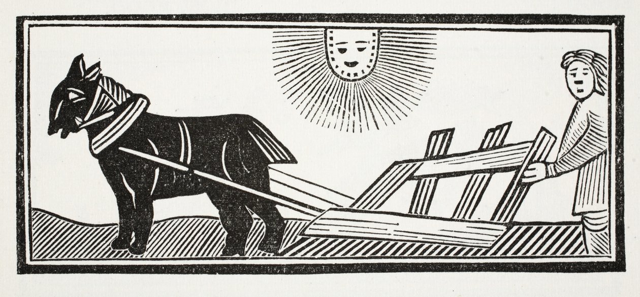 Det er en plov, der bryder jordens indvolde op til såning af majs, illustration fra Chap-books of the Eighteenth Century af John Ashton, pub. 1882 af English School