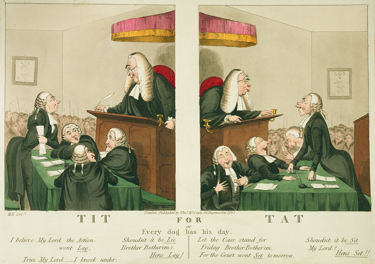 Tit for Tat, or Every Dog Has His Day, udgivet af Thomas McLean, London, 1827 af English School