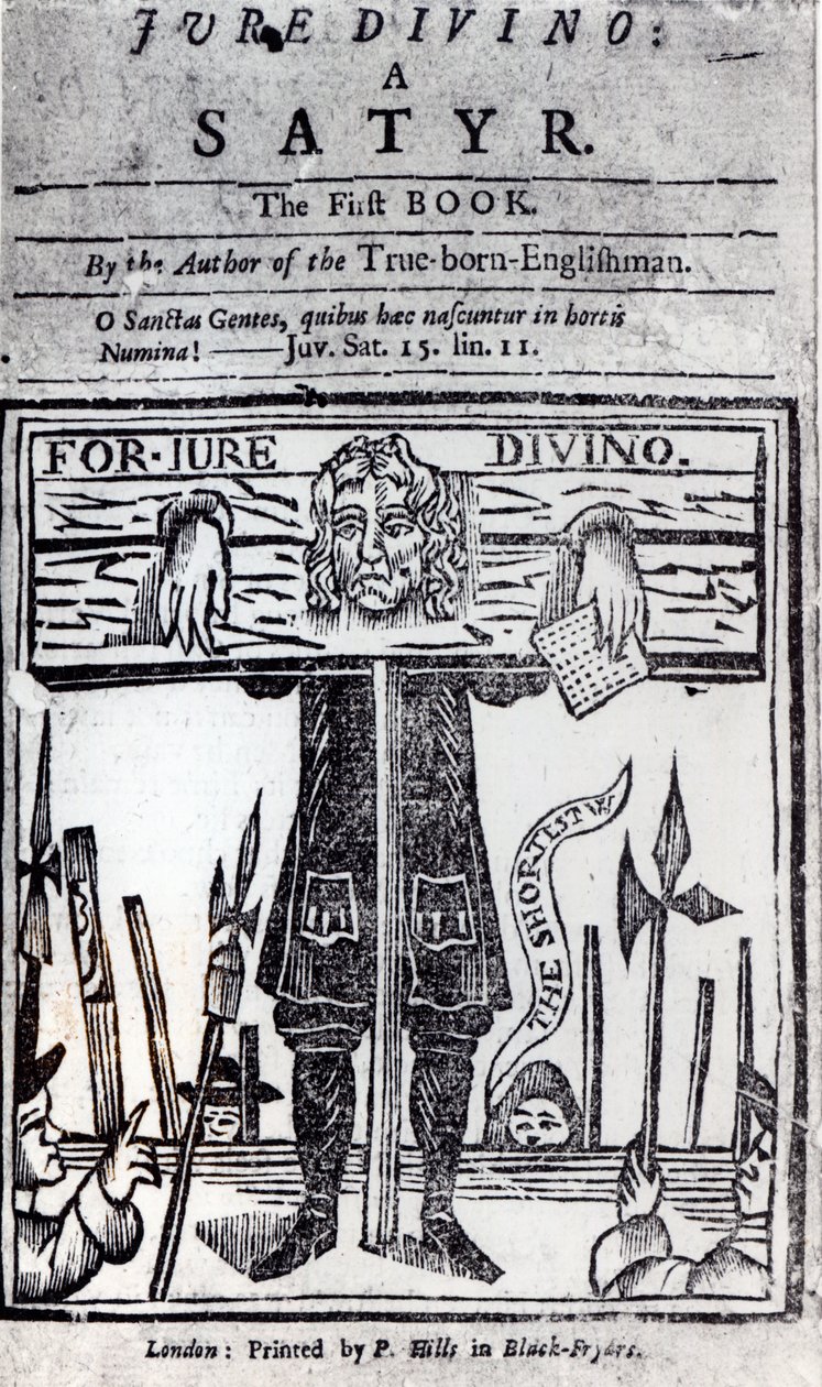 Titelside på den første bog af Jure Divino - A Satyr af Daniel Defoe (1660-1731) udgivet i 1706 af English School