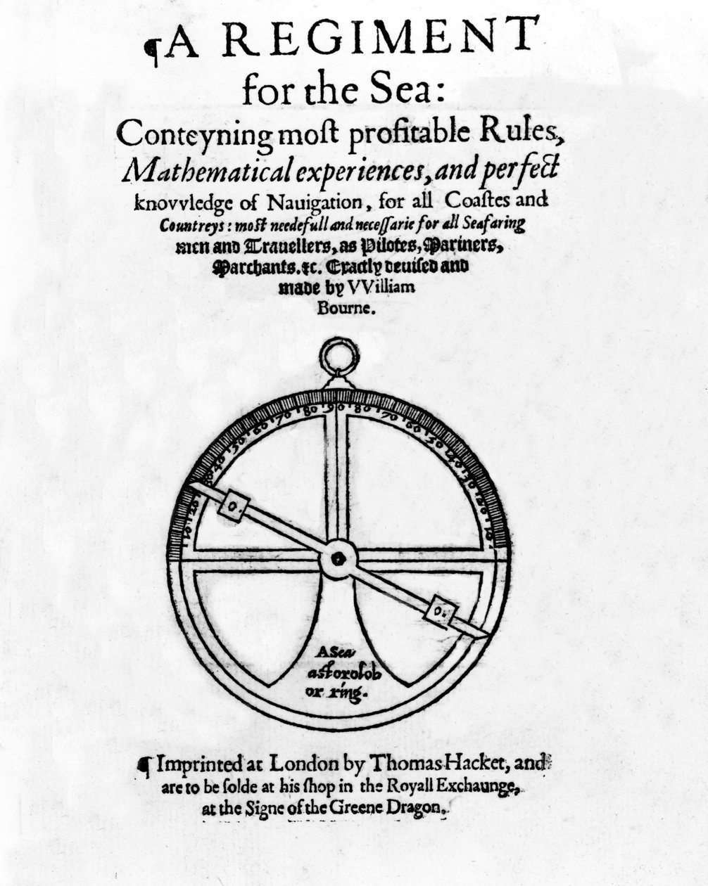 Titelside for A Regiment for the Sea, af William Bourne, udgivet ca. 1574 (bogtryk og gravering) af English School
