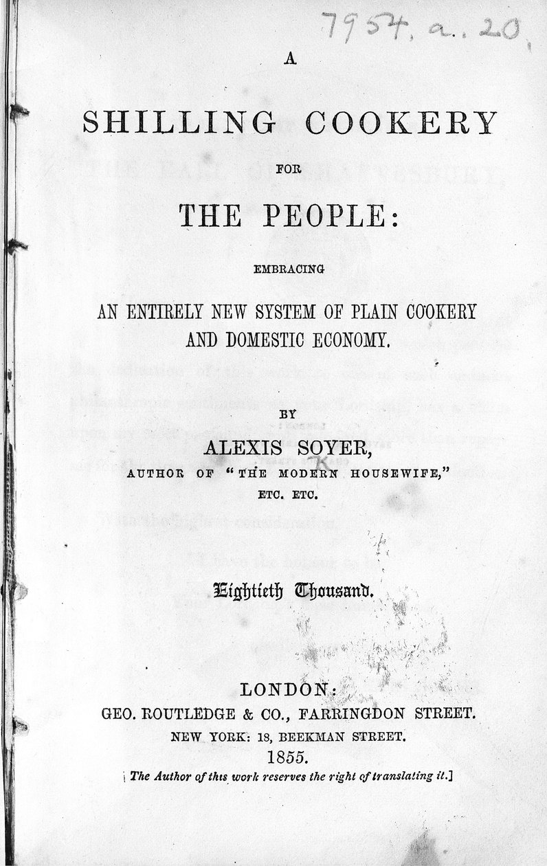 Titelside for A Shilling Cookery for The People af Alexis Soyer, udgivet 1855 (trykt papir) af English School