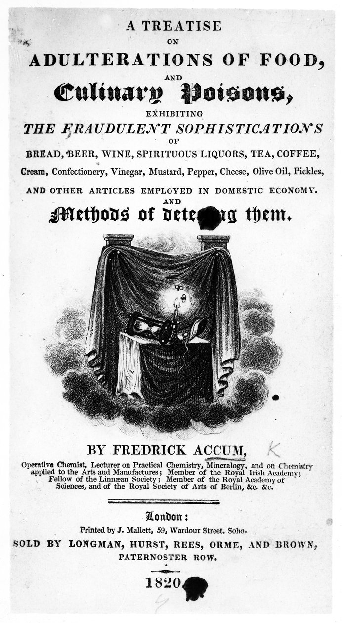 Titelside til A Treatise on Adulterations of Food and Culinary Poisons af Frederick Accum, udgivet 1820 (trykt papir) af English School