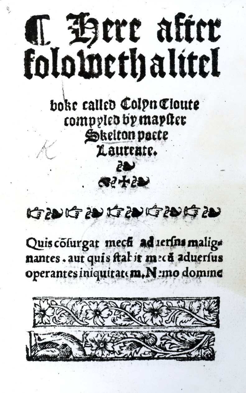 Titelside for Colin Cloute af John Skelton, udgivet ca. 1550 (trykt papir) af English School