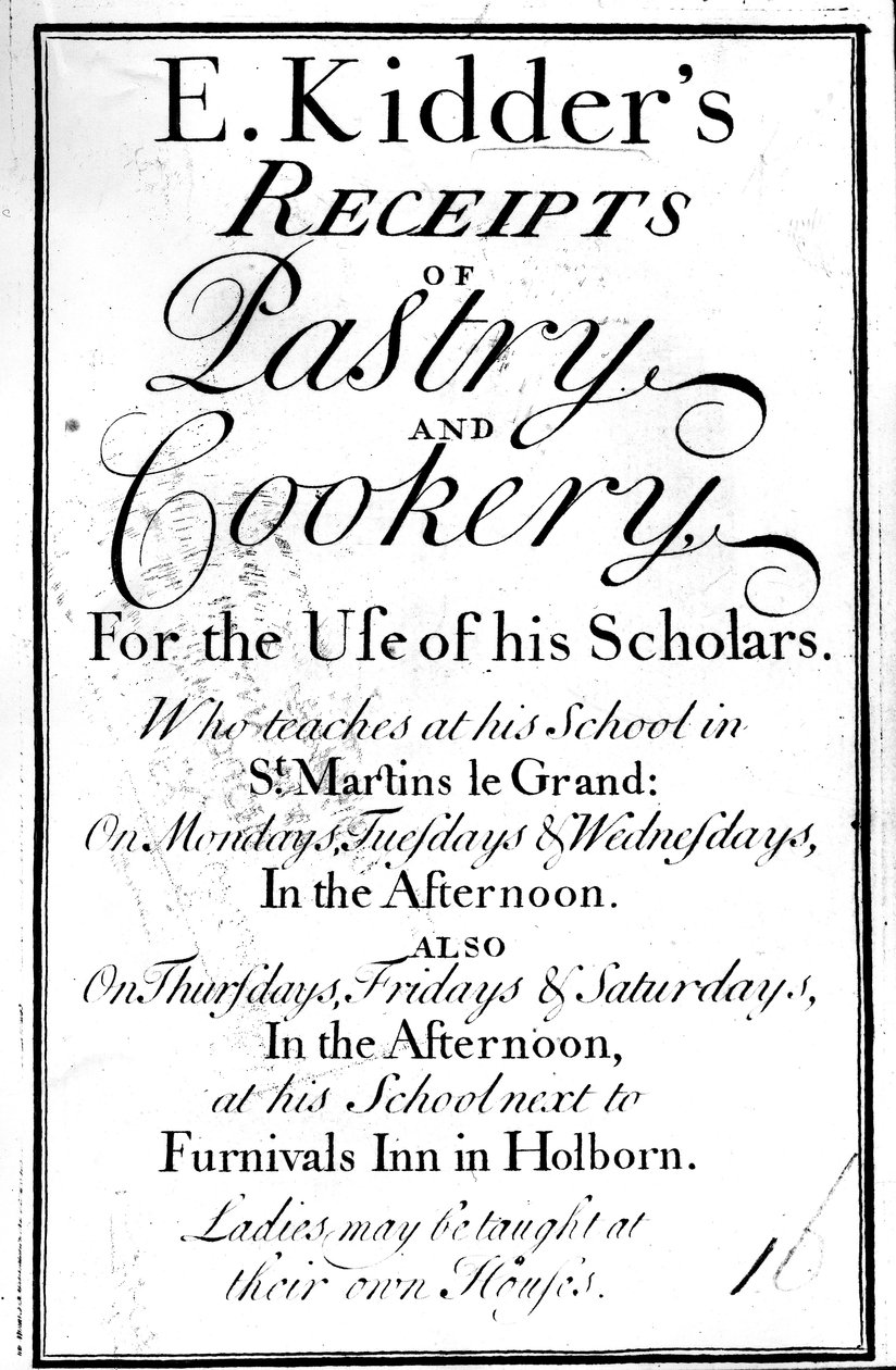 Titelside for E. Kidders Kvitteringer for wienerbrød og madlavning, af Edward Kidder, udgivet ca. 1730 af English School