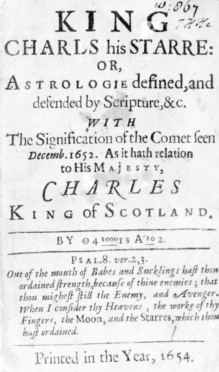Titelblad for King Charls hans Starre: Eller, Astrologie defineret og forsvaret af Skriften, etc., udgivet 1654 (bogtryk) af English School