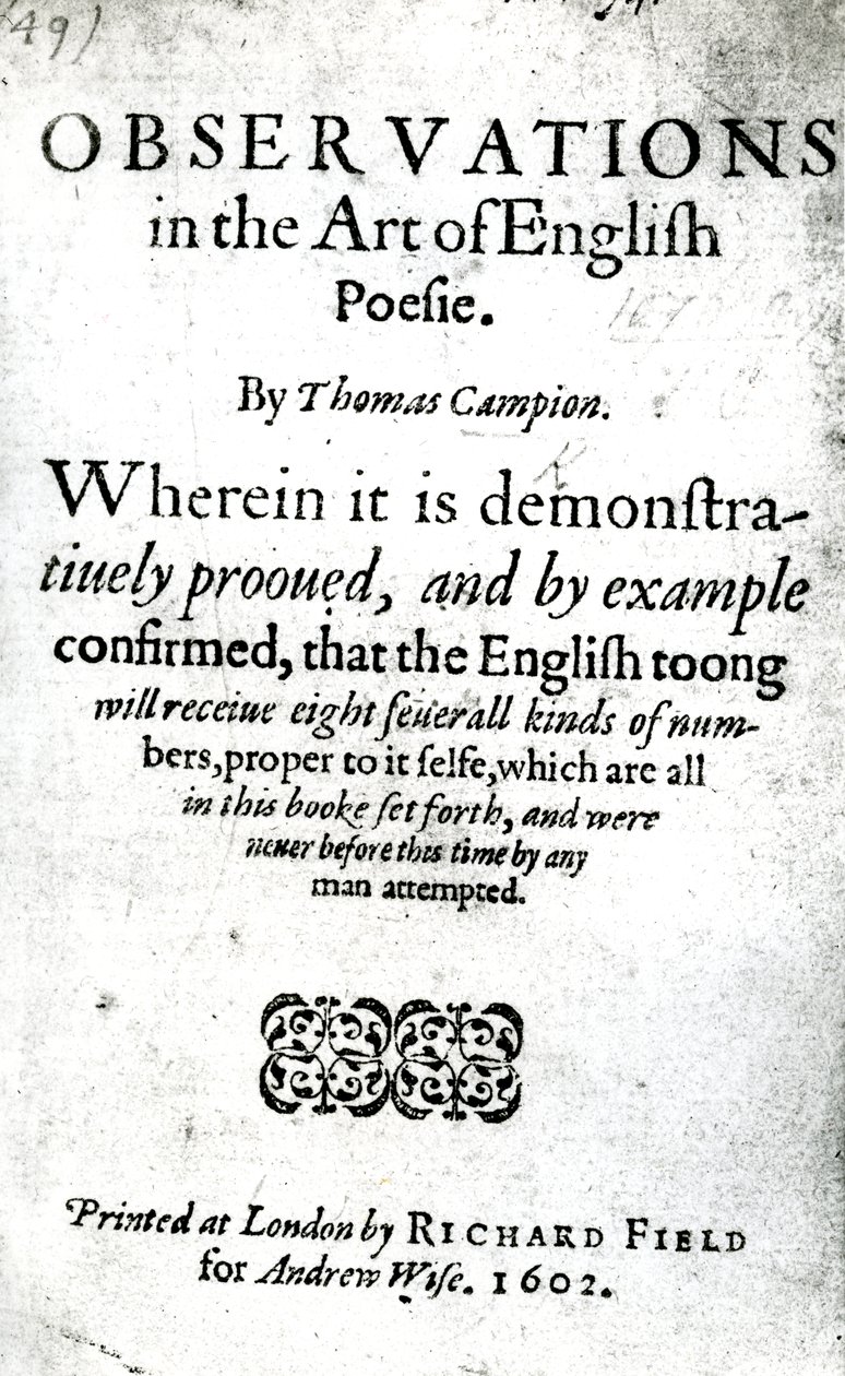 Titelside for observationer i kunsten af engelsk poesie af Thomas Campion, udgivet 1602 (trykt papir) af English School