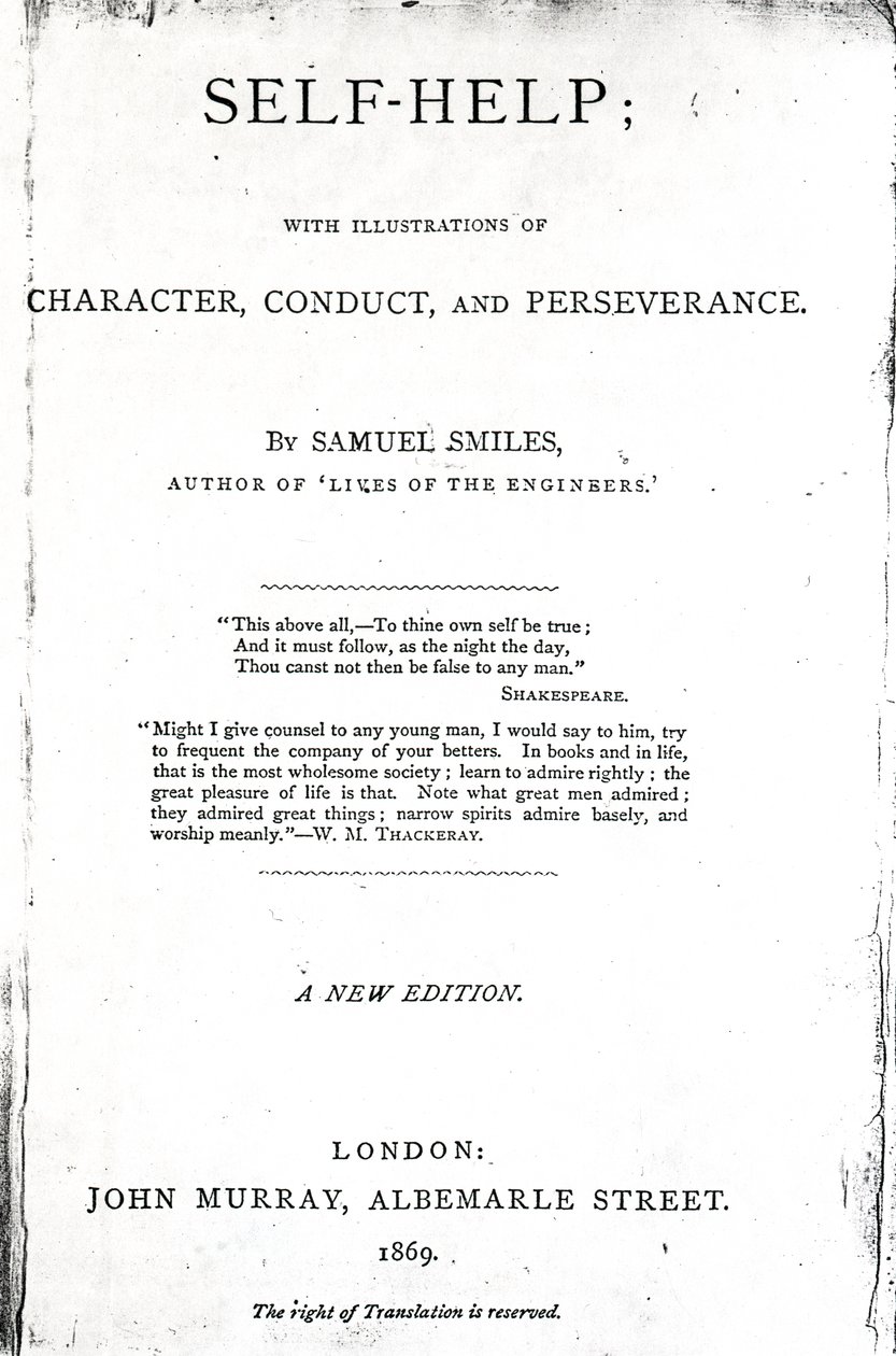 Titelside til selvhjælp; med illustrationer af karakter, opførsel og udholdenhed af Samuel Smiles, udgivet 1869, (trykt papir) af English School