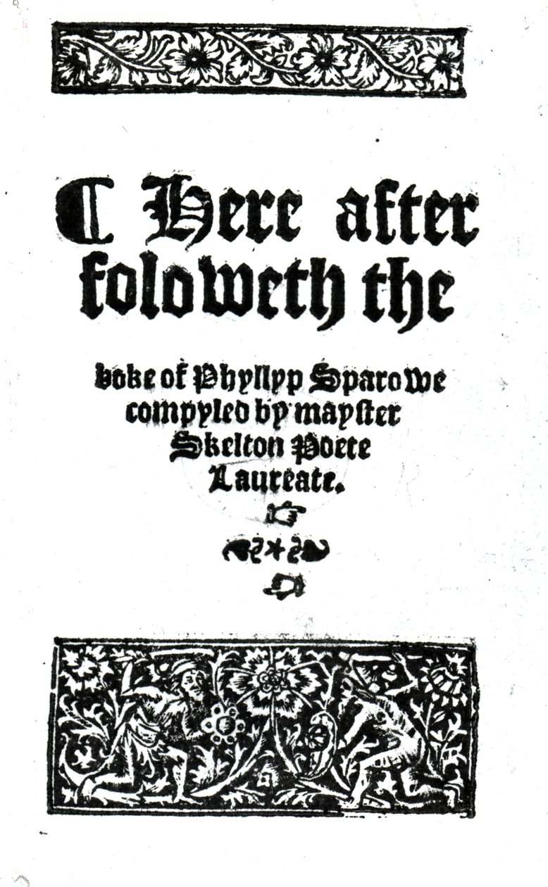 Titelside til The Boke of Phyllyp Sparowe af John Skelton, udgivet ca. 1550 (trykt papir) af English School