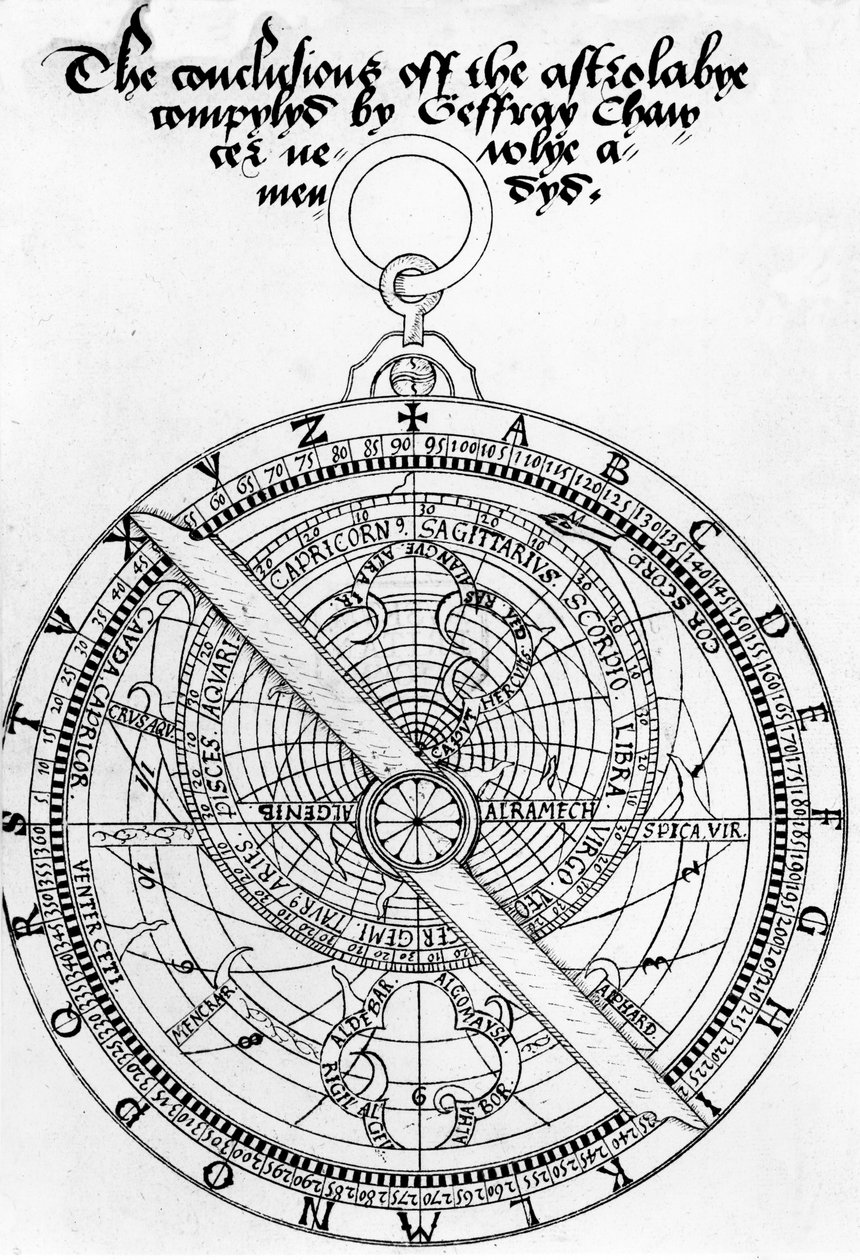 Titelside til The Conclusions of the Astrolabye Compylyd af Geoffrey Chaucer Newlye Amendyd af Walter Stevins, ca. 1555 (pen og blæk på papir) af English School