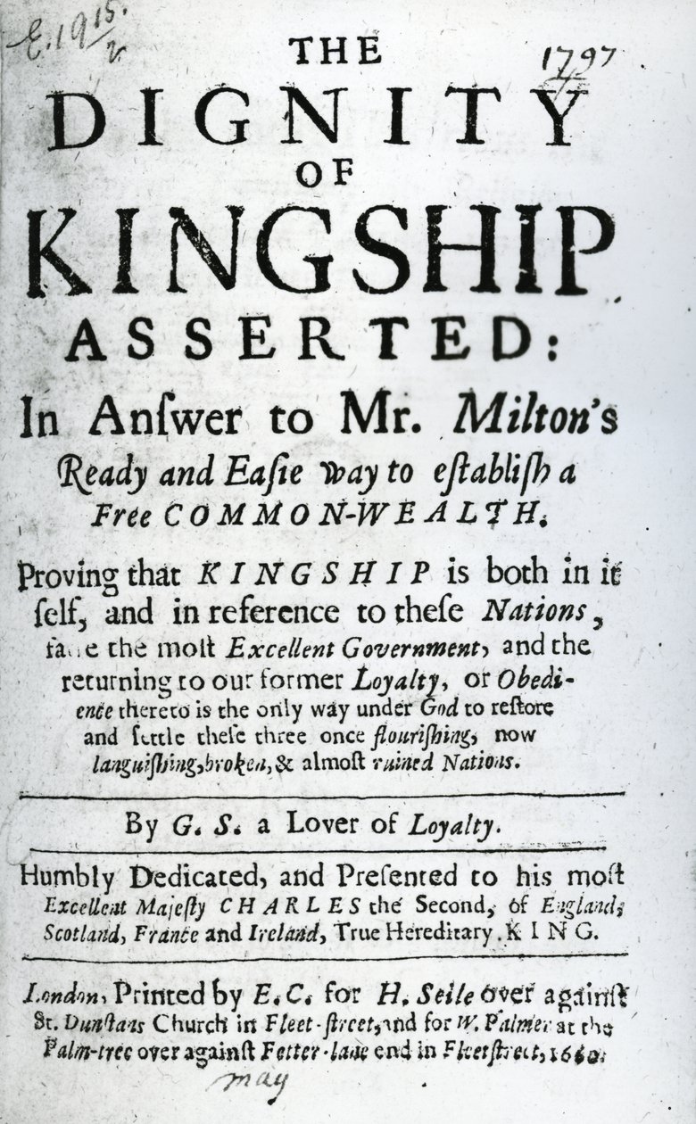 Titelblad for The Dignity of Kingship Asserted by G.S. a Lover of Loyalty, udgivet 1660 (trykt papir) af English School