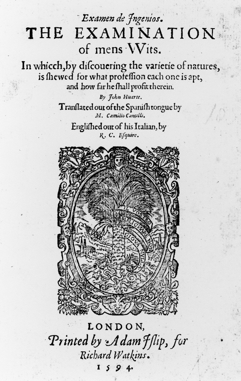 Titelside for The Examination of Mens Wits af Juan Huarte, udgivet 1594 (trykt papir) af English School