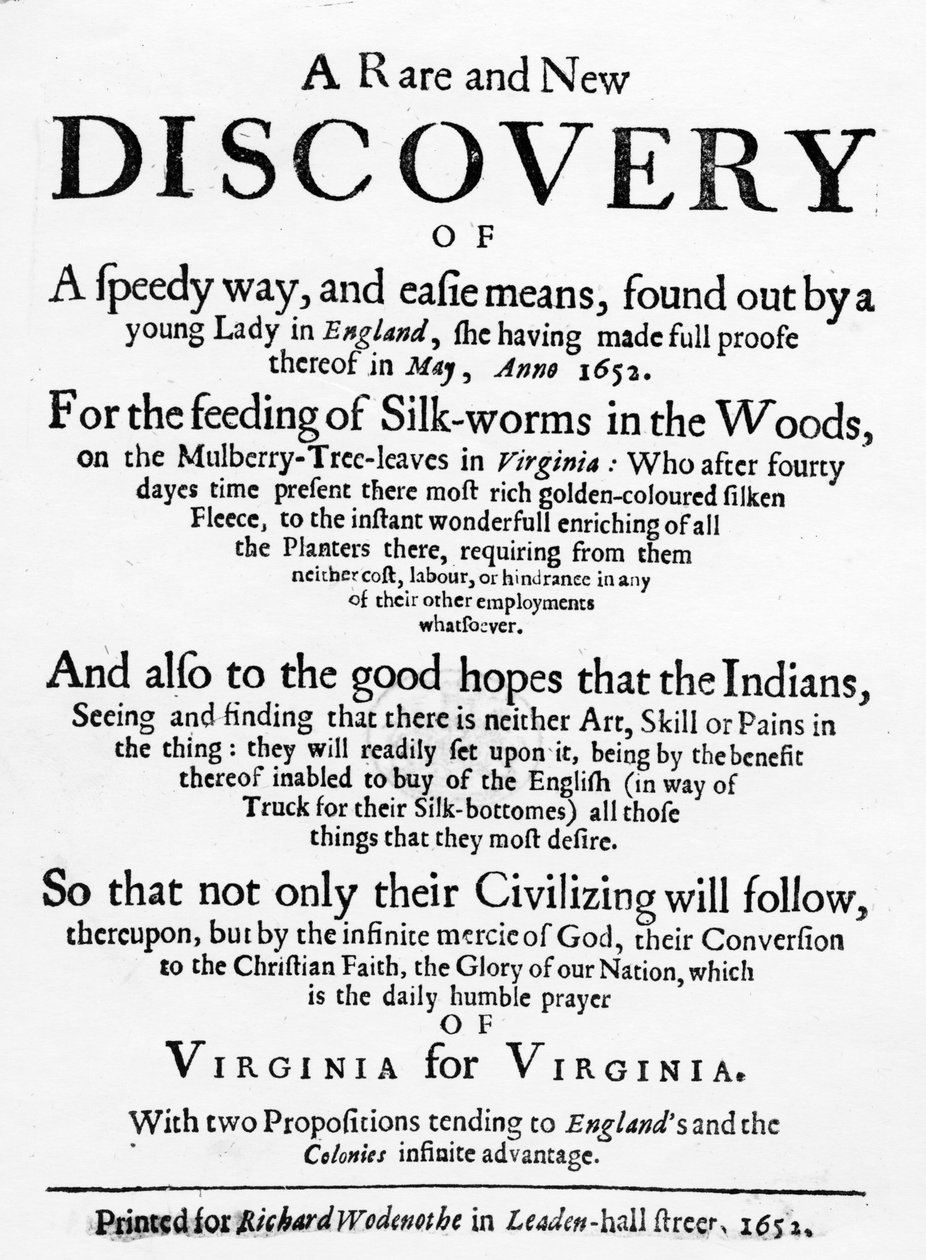 Titelside til The Reformed Virginian Silk-Worm af Samuel Hartlib, udgivet 1652 (bogtryk) af English School