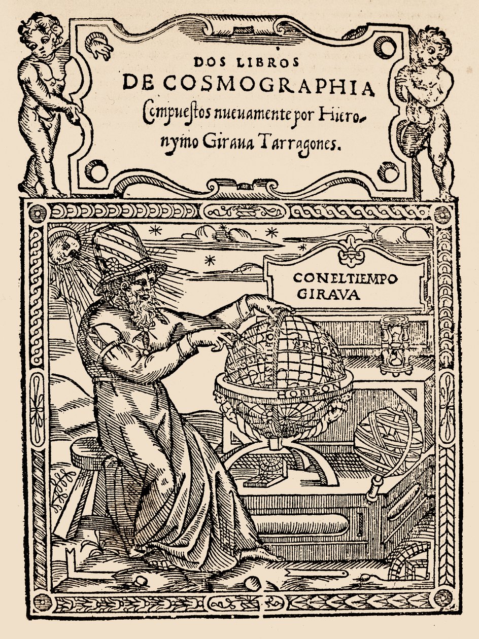 Titelside for Two Books of Cosmography af Hieronymo Girana Tarragones, fra The Narrative and Critical History of America, redigeret af Justin Winsor, London, 1886 (træbloktryk) af English School