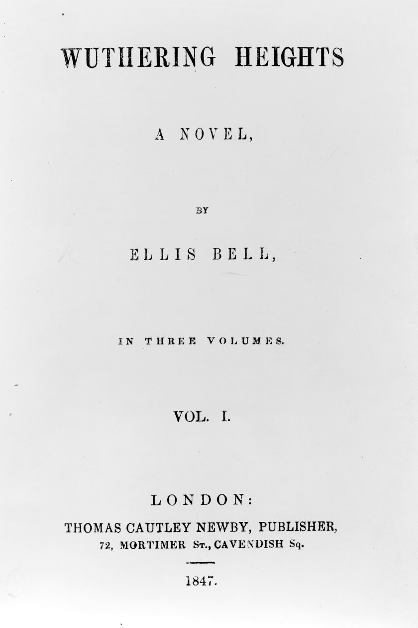 Titelside for den første udgave af Wuthering Heights af Ellis Bell (pseudonym for Emily Bronte), udgivet 1847 (trykt papir) af English School