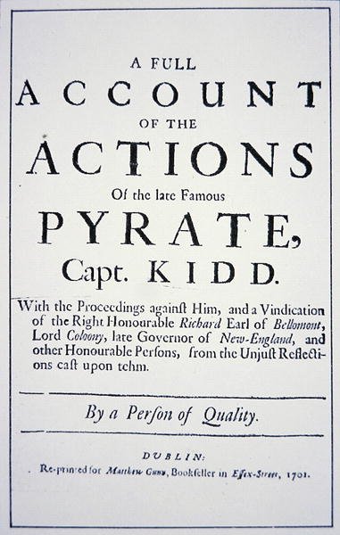 Title Page of a Life of the Pirate Kaptajn William Kidd, udgivet i London i 1701 (litho) af English School