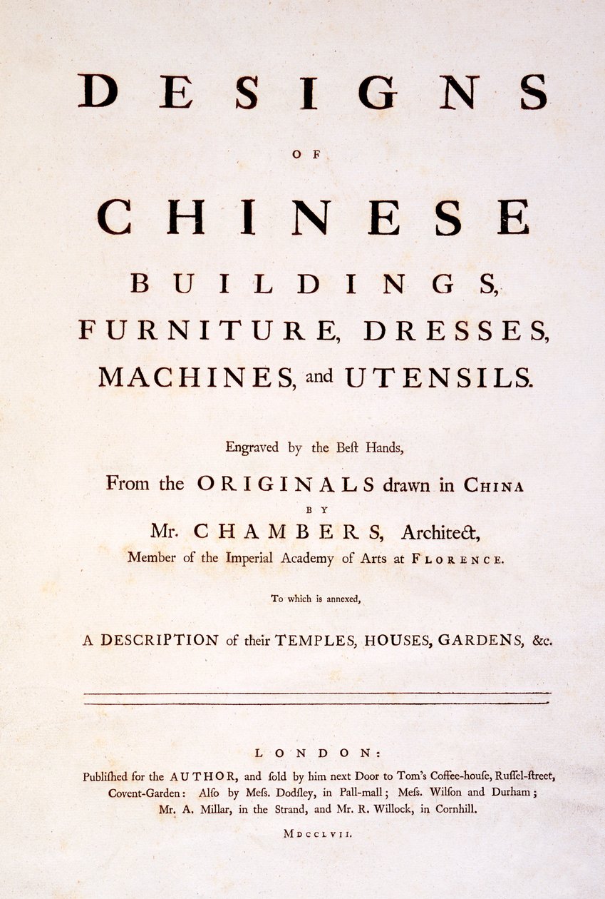 Titelside til design af kinesiske bygninger, møbler, kjoler, maskiner og redskaber, 1757 (tryk) af English School