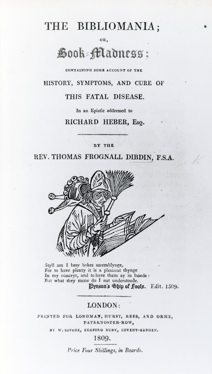 Titelblad til The Bibliomania af pastor Thomas Frognall Dibdin, udgivet 1809 (trykt papir) af English School