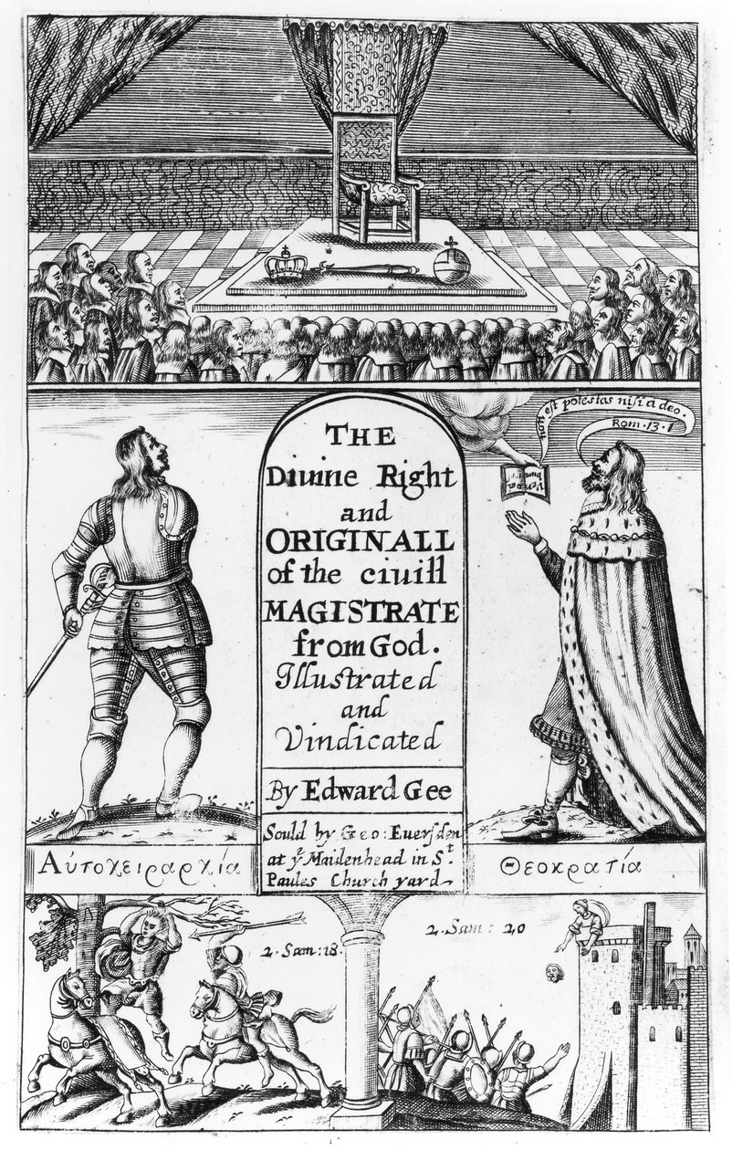 Titelside til den guddommelige ret og originalen af den civile dommer fra Gud, graveret af Edward Gee, 1658 af English School