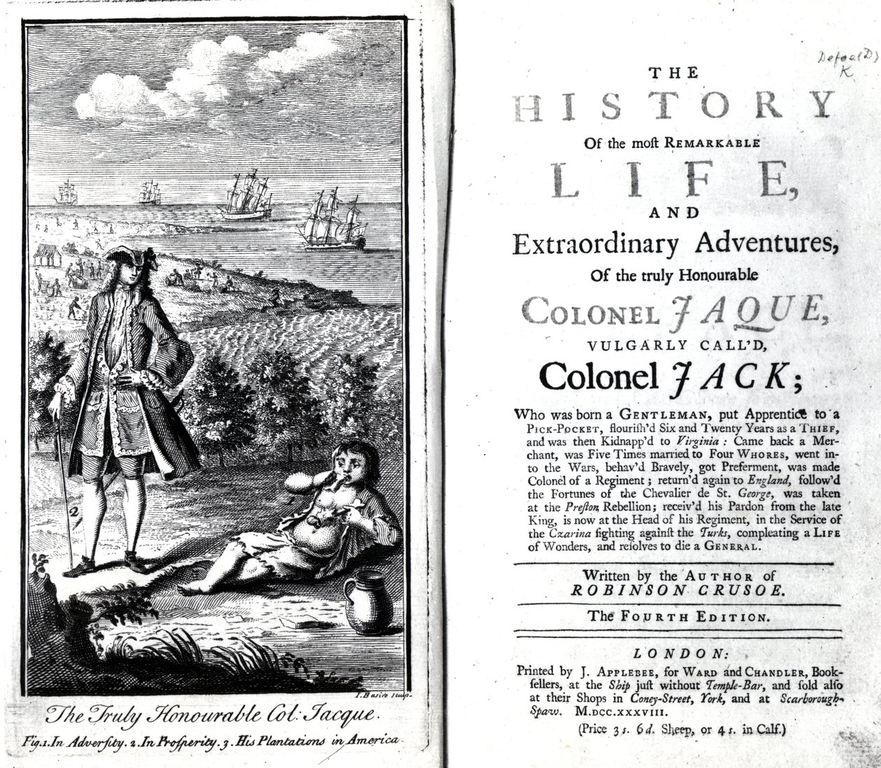 Titelside og frontispice til historien om den virkelig ærede oberst Jaques mest bemærkelsesværdige liv og ekstraordinære eventyr af Daniel Defoe, 1738 af English School