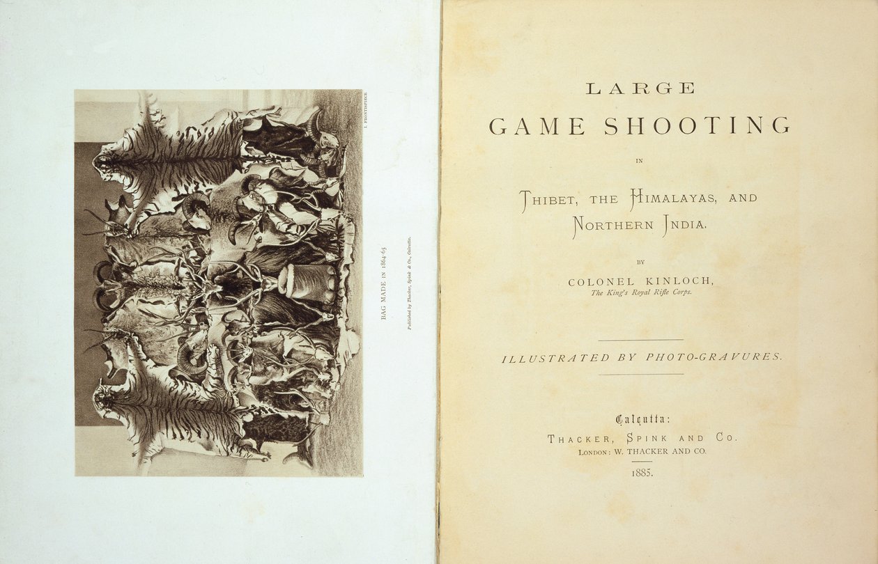Titelside og frontispice af Storvildtskydning i Tibet, Himalaya og det nordlige Indien af oberst Alexander Kinloch, udgivet 1885 af English School