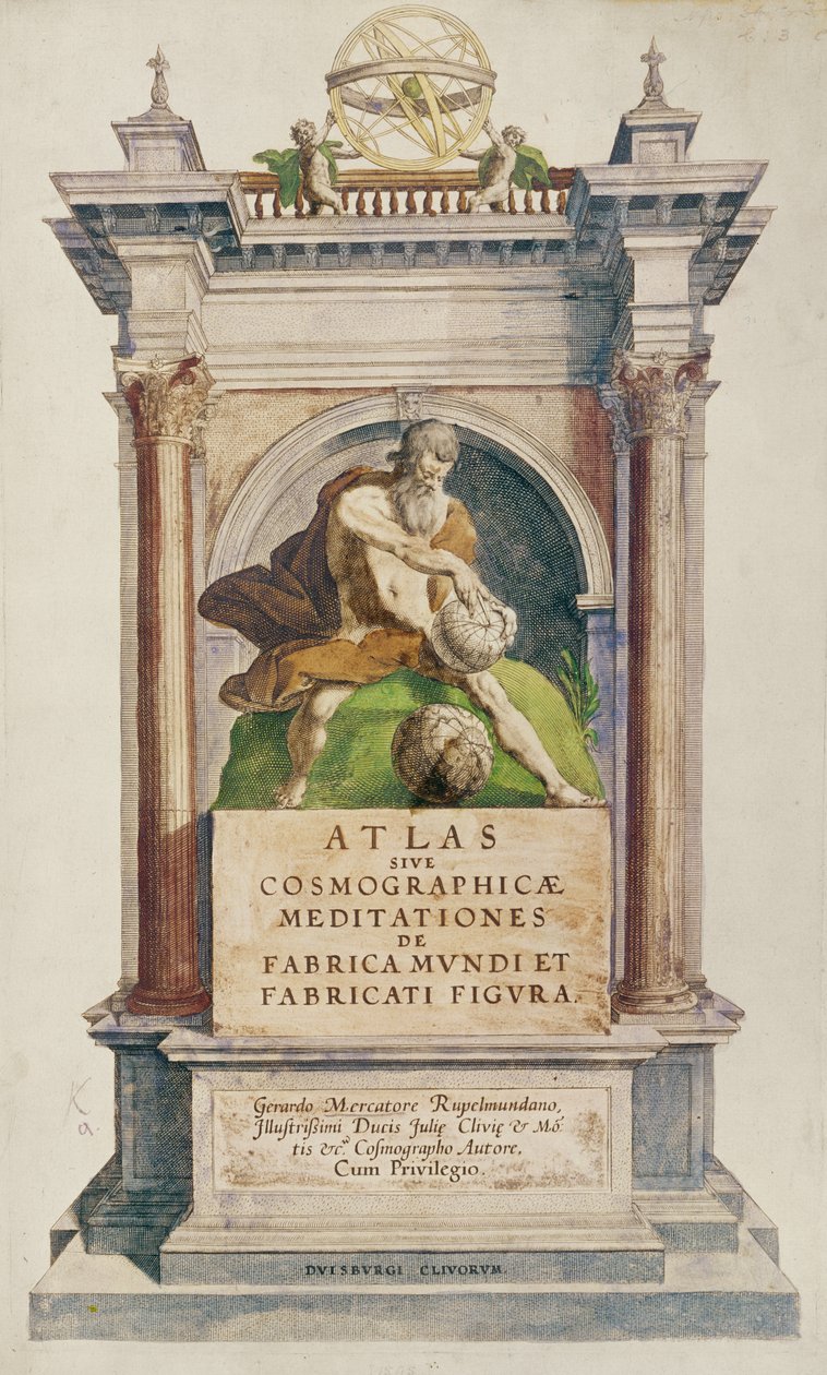 Titelside fra Mercators Atlas sive Cosmographicae meditationes de fabrica mundi et fabricati figura, 1595 (farvegravering) af English School