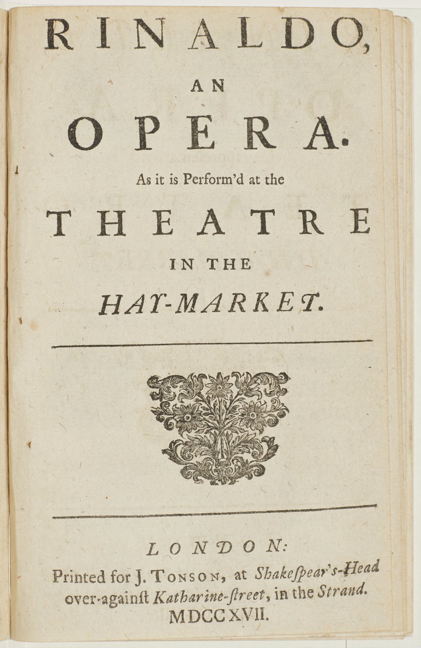 Titelside fra librettoen af Händels opera "Rinaldo", af Giacomo Rossi, 1717 af English School