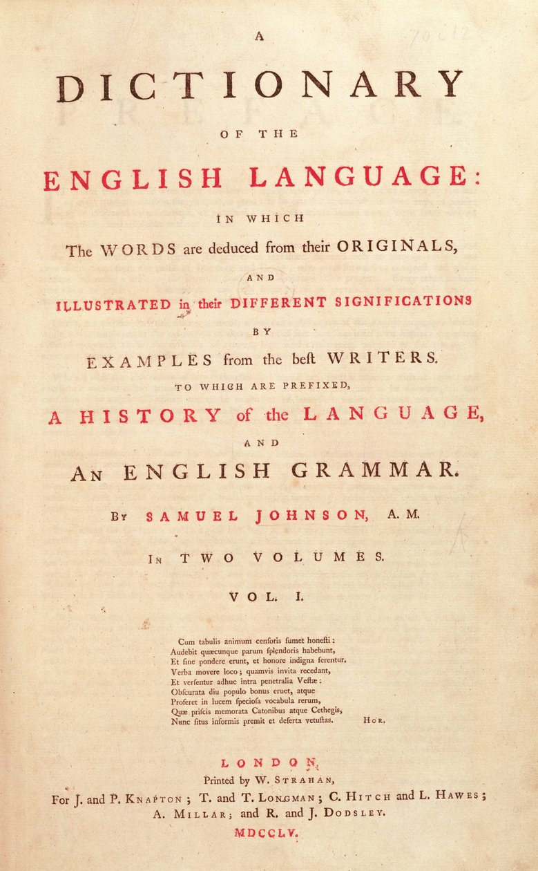 Titelside til Johnsons Dictionary of the Human Language London, 1755 af English School