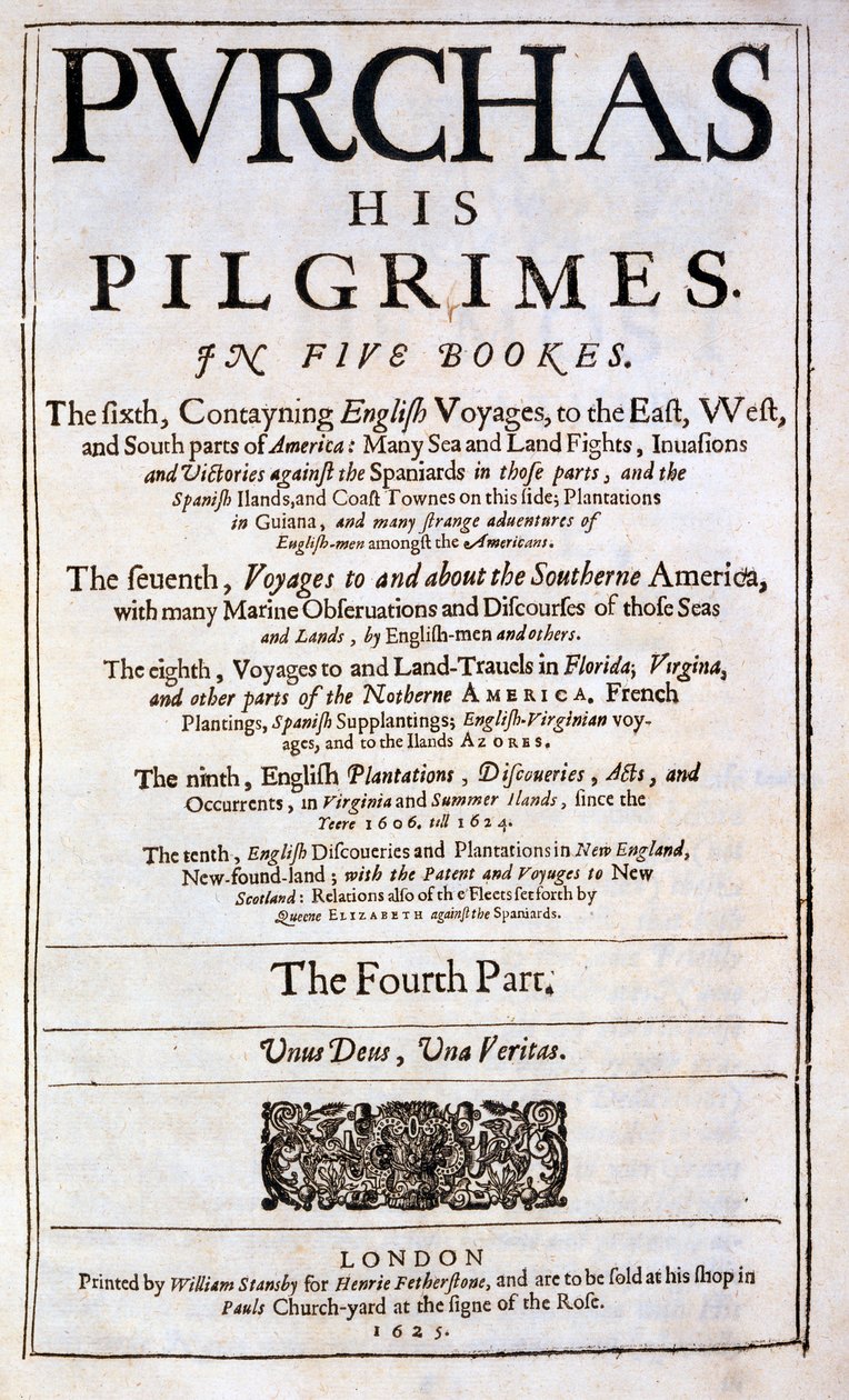 Titelside på Purchas his Pilgrimes af Samuel Purchas, udgivet 1625 af English School