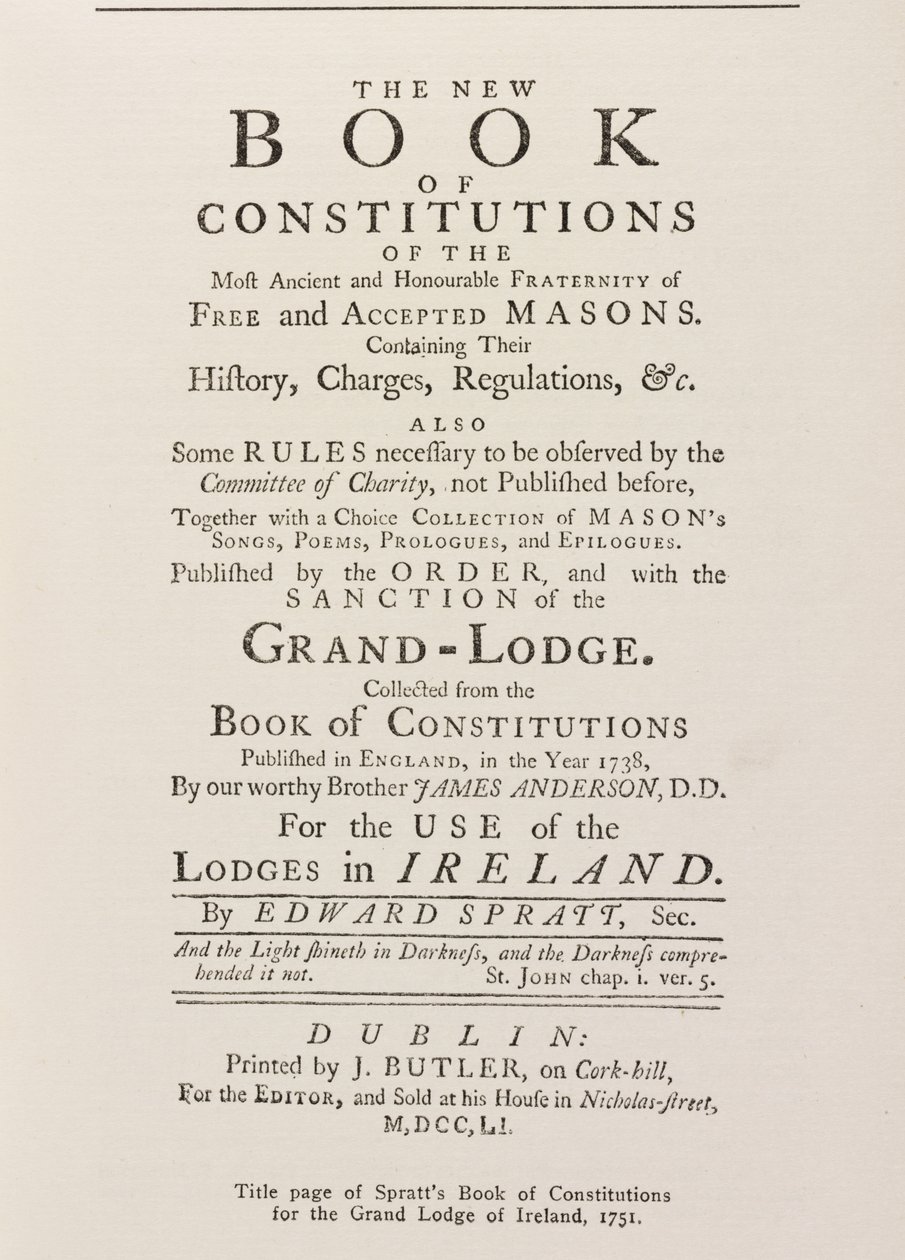 Titelside af Spratts Book of Constitutions for the Grand Lodge in Ireland, 1751 af English School