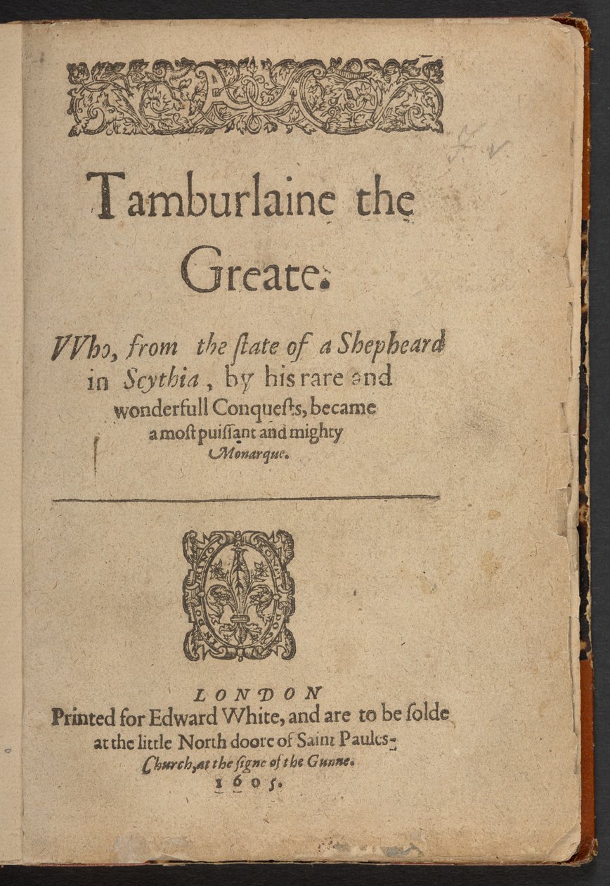 Titelblad til Tamburlaine den Griske, af Christopher Marlowe af English School