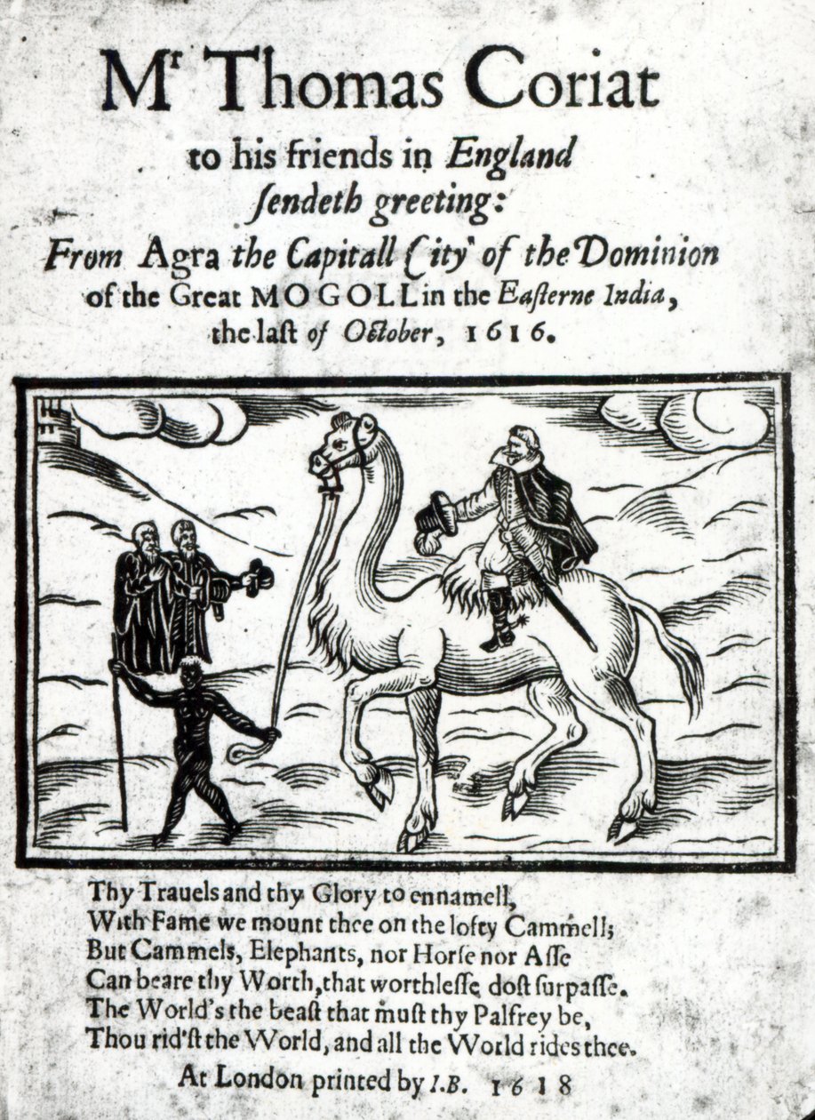 Titelblad på Thomas Coryats posthumt trykte beretning om hans rejser i Indien, udgivet i London, 1618 (trykt papir og træsnit) af English School
