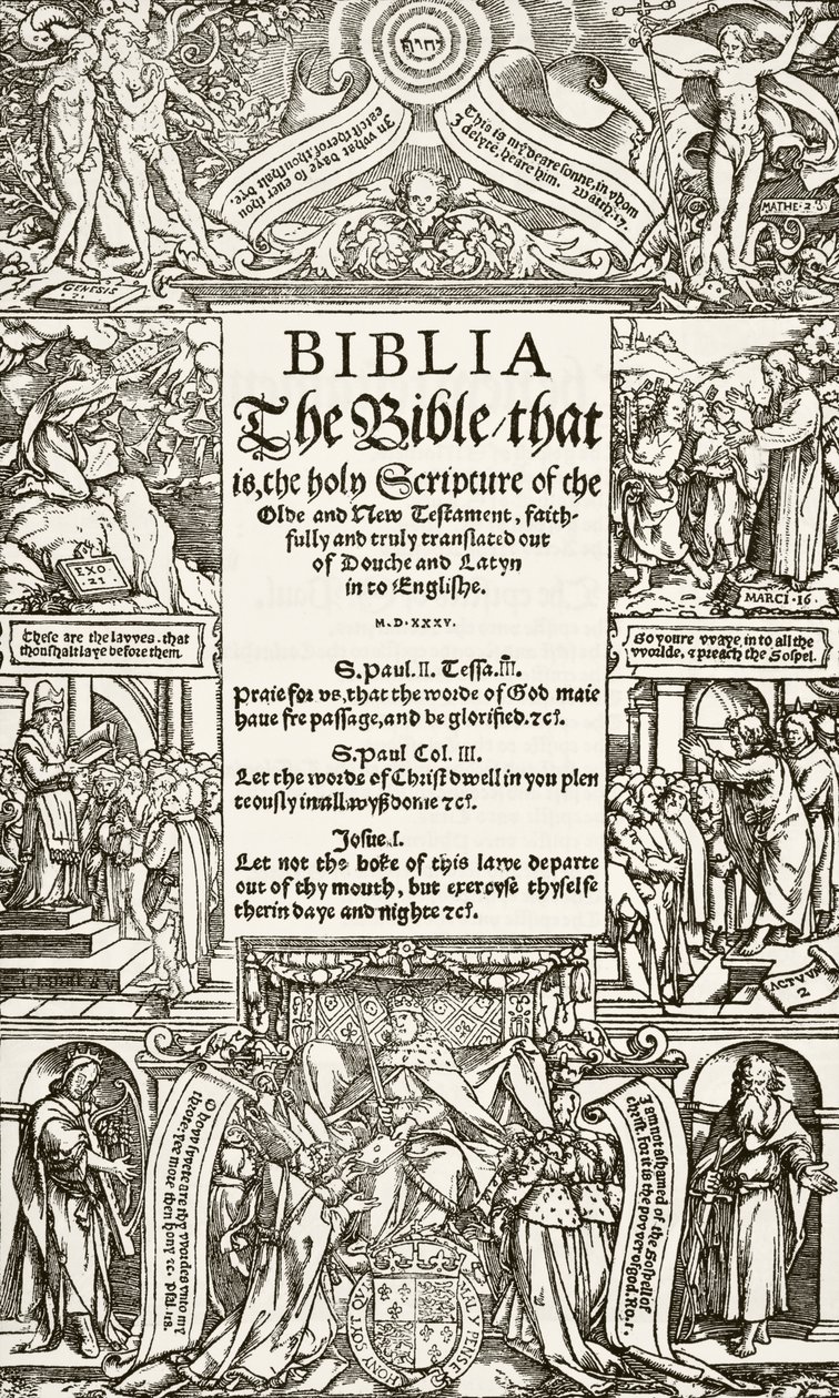 Titelside af Coverdale Bible, trykt i 1535, fra The National and Domestic History of England af William Hickman Smith Aubrey (1858-1916) udgivet London, ca. 1890 af English School