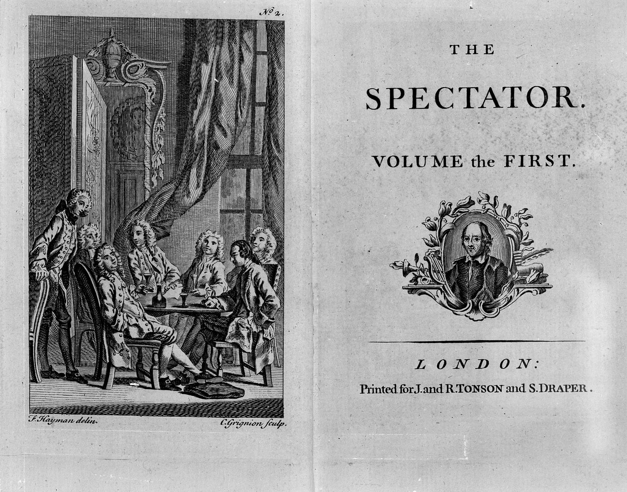 Titelside af første bind af den samlede udgave af The Spectator, udgivet ca. 1788 (trykt papir) af English School