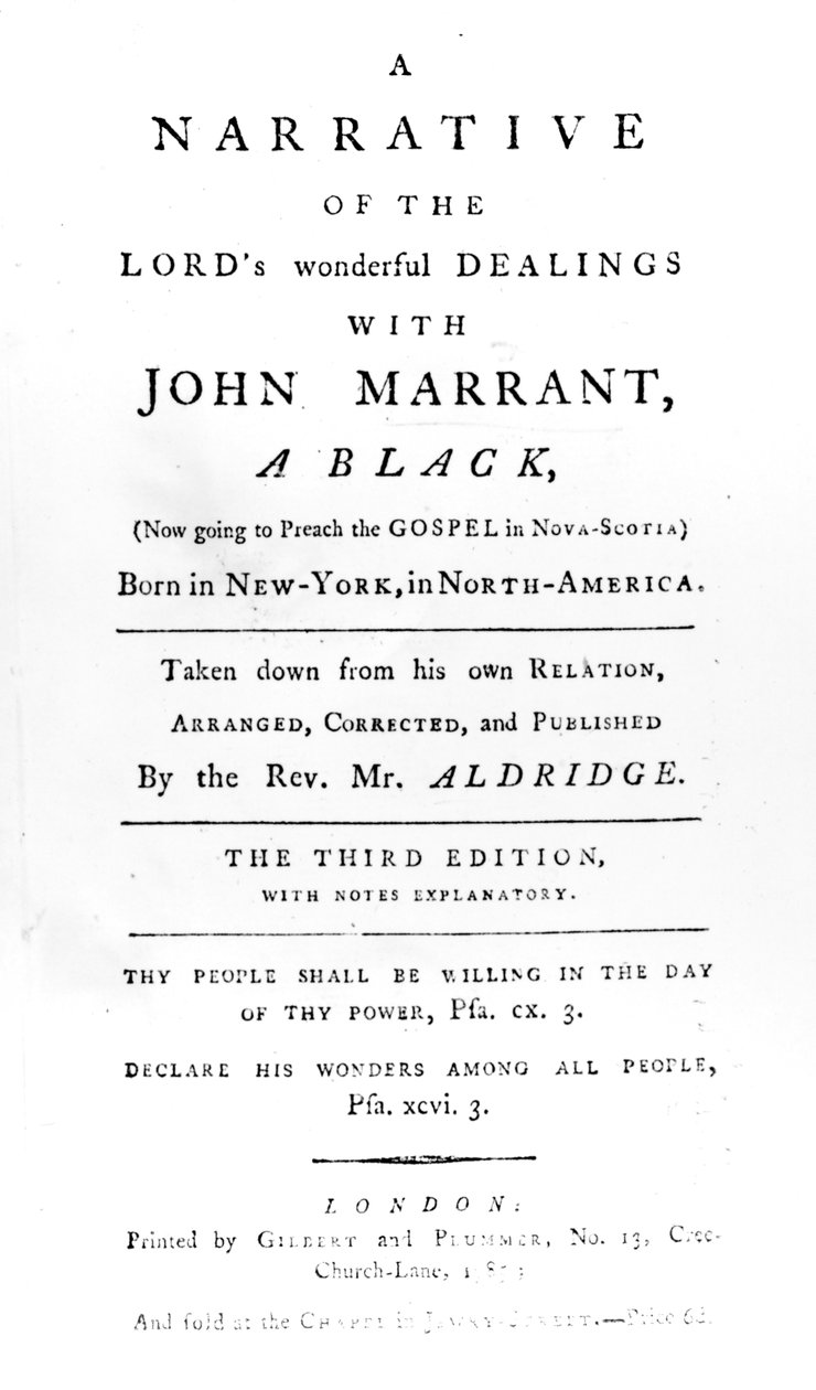 Titelside til A Narrative of the Lords Wonderful Dealings with John Marrant, A Black transskriberet af pastor William Aldridge, 1785 af English School