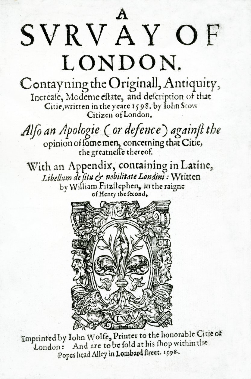 Titelside til A Survey of London af John Stow, udgivet i 1598 (trykt papir) af English School