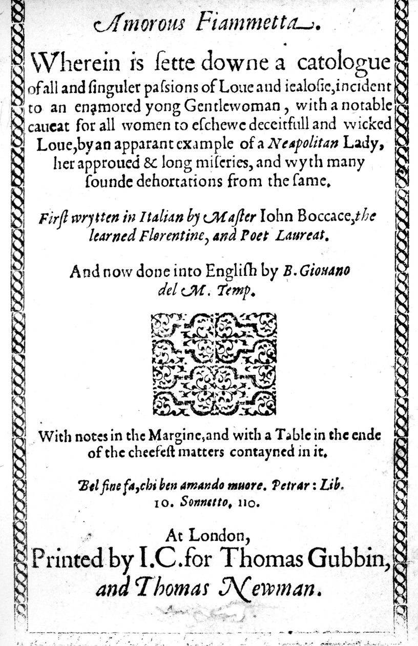 Titelside til Amorous Fiammetta af Giovanni Boccaccio, engelsk oversættelse udgivet i 1587 af English School