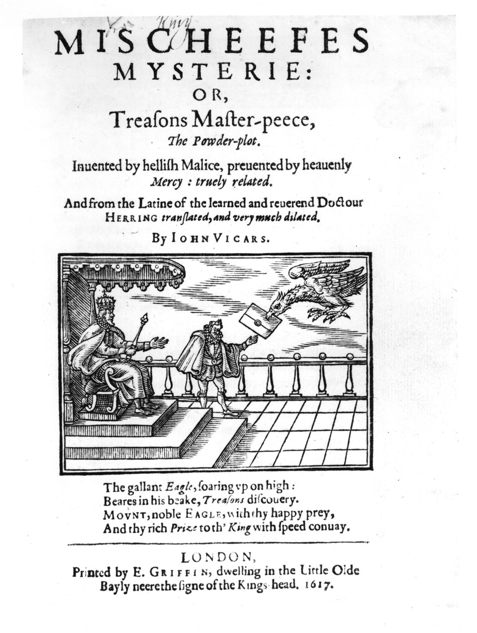 Titelside til Mischeefes Mysterie eller Treasons Master-peece, the Powder-plot, af John Vickers, 1617 af English School