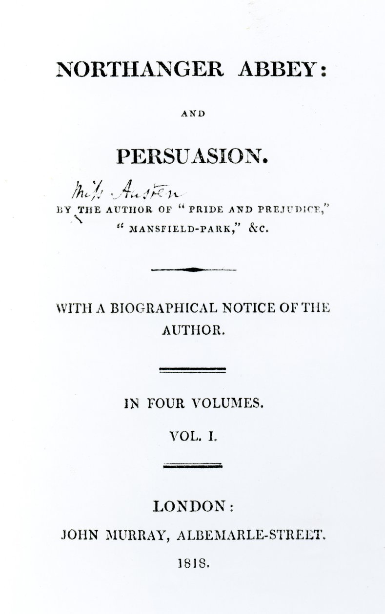 Titelside til Northanger Abbey and Persuasion af Jane Austen, første udgave, 1818 af English School